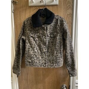 Rock and Republic Denim Jacket Size Small Leopard Print Faux Fur Collar Cheetah